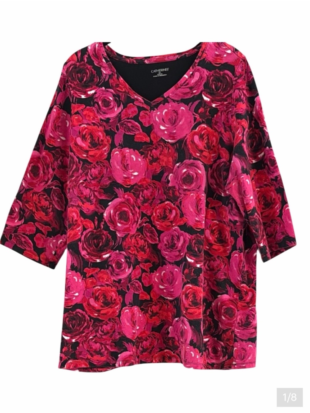 Catherines Rose Floral V-Neck Top Pink Red Black 3/4 Sleeve Size 14/16W